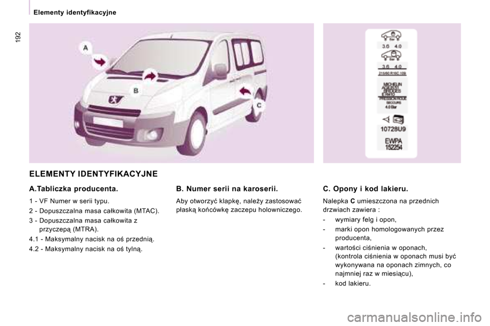 Peugeot Expert Tepee 2008.5  Instrukcja Obsługi (in Polish) 192
   Elementy  identyfikacyjne   
� �E�L�E�M�E�N�T�Y� �I�D�E�N�T�Y�F�I�K�A�C�Y�J�N�E� 
  A.Tabliczka  producenta. 
� �1� �-� �V�F� �N�u�m�e�r� �w� �s�e�r�i�i� �t�y�p�u�.�  
� �2� �-� �D�o�p�u�s�z�c�