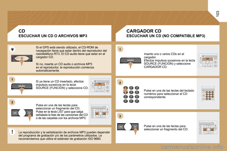 Peugeot Expert Tepee 2007  Manual del propietario (in Spanish) �1 
�2�1 
�2 
�3
�1�0�3
�C�D
�E�S�C�U�C�H�A�R� �U�N� �C�D� �O� �A�R�C�H�I�V�O�S� �M�P�3
�C�A�R�G�A�D�O�R� �C�D
�E�S�C�U�C�H�A�R� �U�N� �C�D� �(�N�O� �C�O�M�P�A�T�I�B�L�E� �M�P�3�)
�S�i� �e�l� �G�P�S� 