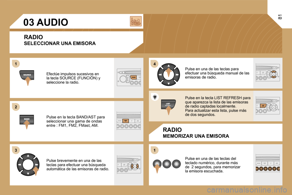 Peugeot Expert Tepee 2007  Manual del propietario (in Spanish) �1 
�2�4 
�1
�3
�8�1
�0�3� �A�U�D�I�O
�R�A�D�I�O 
�S�E�L�E�C�C�I�O�N�A�R� �U�N�A� �E�M�I�S�O�R�A
�R�A�D�I�O
�M�E�M�O�R�I�Z�A�R� �U�N�A� �E�M�I�S�O�R�A
�E�f�e�c�t�ú�e� �i�m�p�u�l�s�o�s� �s�u�c�e�s�i�v