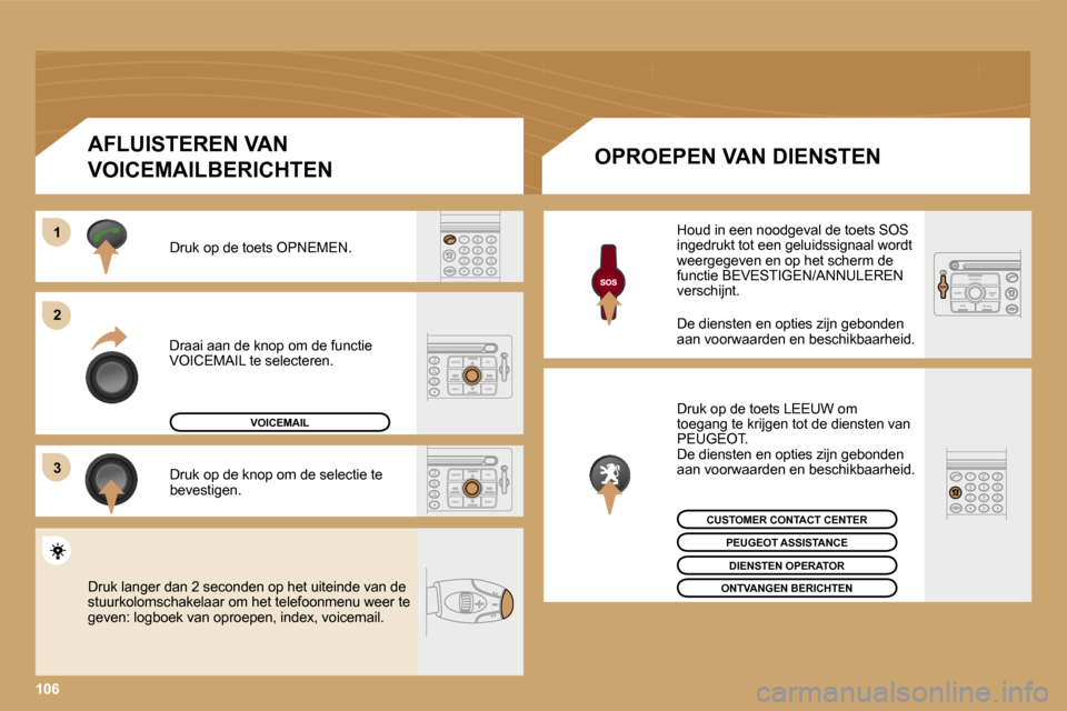 Peugeot Expert Tepee 2007  Handleiding (in Dutch) �1 
�2 
�3
�1�0�6
�D�r�a�a�i� �a�a�n� �d�e� �k�n�o�p� �o�m� �d�e� �f�u�n�c�t�i�e�  
�V�O�I�C�E�M�A�I�L� �t�e� �s�e�l�e�c�t�e�r�e�n�.�D�r�u�k� �o�p� �d�e� �t�o�e�t�s� �O�P�N�E�M�E�N�. 
�D�r�u�k� �o�p� 