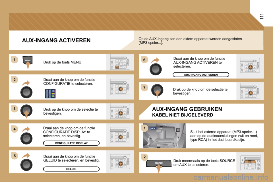 Peugeot Expert Tepee 2007  Handleiding (in Dutch) �2 
�3 
�4�5 �6 
�7
�1
�2
�1
�1�1�1
�A�U�X�-�I�N�G�A�N�G� �A�C�T�I�V�E�R�E�N
�D�r�u�k� �o�p� �d�e� �t�o�e�t�s� �M�E�N�U�.�  
�D�r�a�a�i� �a�a�n� �d�e� �k�n�o�p� �o�m� �d�e� �f�u�n�c�t�i�e�  
�C�O�N�F�