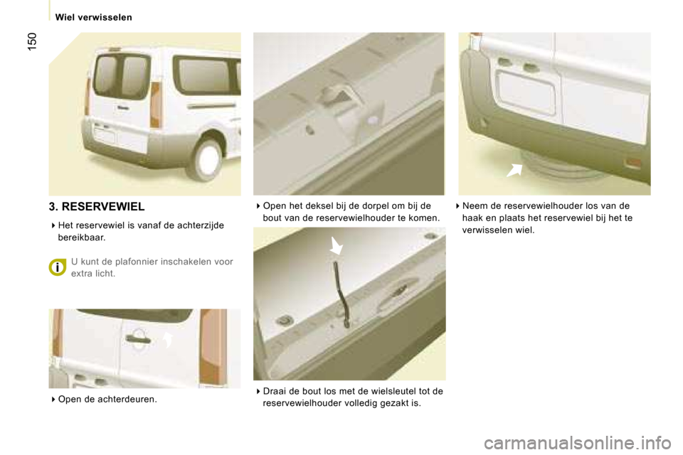 Peugeot Expert Tepee 2007  Handleiding (in Dutch) �1�5�0
��O�p�e�n� �h�e�t� �d�e�k�s�e�l� �b�i�j� �d�e� �d�o�r�p�e�l� �o�m� �b�i�j� �d�e� 
�b�o�u�t� �v�a�n� �d�e� �r�e�s�e�r�v�e�w�i�e�l�h�o�u�d�e�r� �t�e� �k�o�m�e�n�.
��D�r�a�a�i� �d�e� �b�o�u�