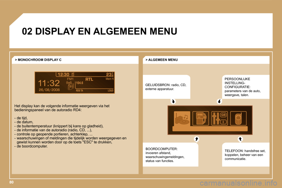 Peugeot Expert Tepee 2007  Handleiding (in Dutch) �0�2� �D�I�S�P�L�A�Y� �E�N� �A�L�G�E�M�E�E�N� �M�E�N�U�G�E�L�U�I�D�S�B�R�O�N�:� �r�a�d�i�o�,� �C�D�,�  
�e�x�t�e�r�n�e� �a�p�p�a�r�a�t�u�u�r�.�P�E�R�S�O�O�N�L�I�J�K�E� 
�I�N�S�T�E�L�L�I�N�G�-
�C�O�N�F