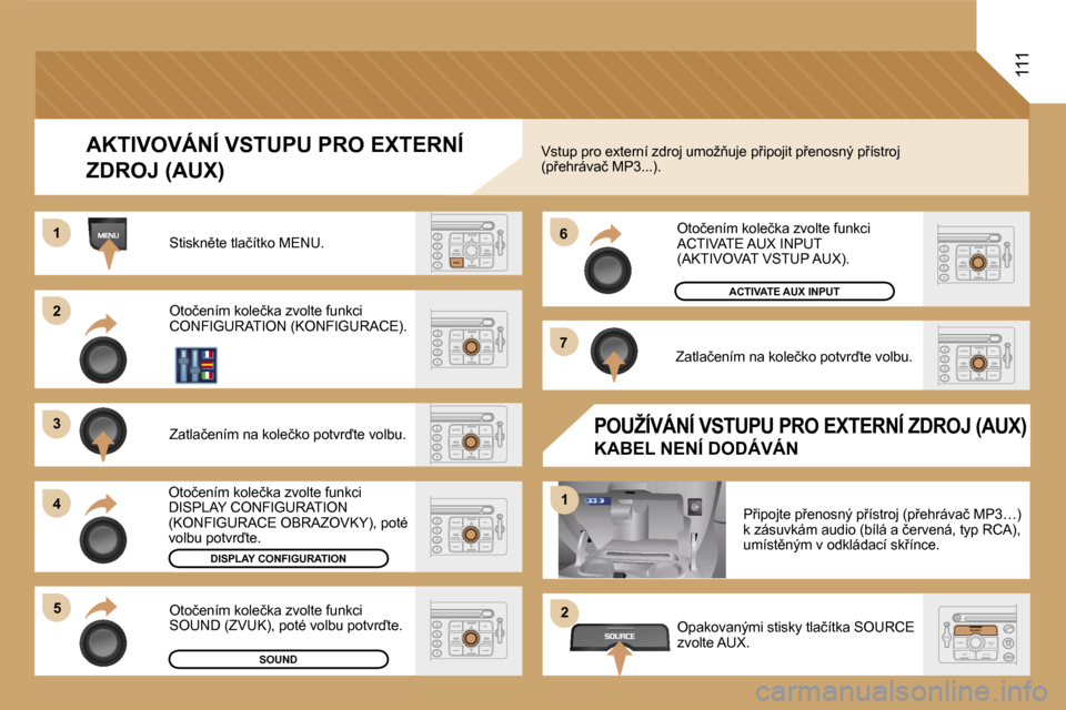 Peugeot Expert Tepee 2007  Návod k obsluze (in Czech) �2 
�3 
�4�5 �6 
�7
�1
�2
�1
�1�1�1
�A�K�T�I�V�O�V�Á�N�Í� �V�S�T�U�P�U� �P�R�O� �E�X�T�E�R�N�Í�  
�Z�D�R�O�J� �(�A�U�X�)
�S�t�i�s�k�n)�t�e� �t�l�a�č�í�t�k�o� �M�E�N�U�.�  
�O�t�o�č�e�n�í�m� �k