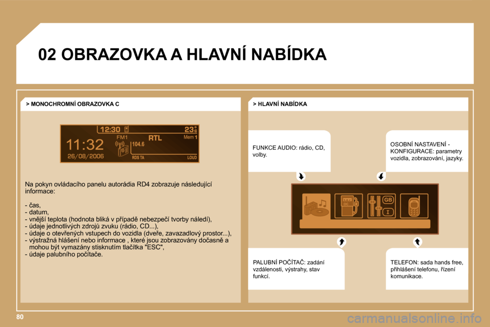 Peugeot Expert Tepee 2007  Návod k obsluze (in Czech) �0�2� �O�B�R�A�Z�O�V�K�A� �A� �H�L�A�V�N�Í� �N�A�B�Í�D�K�A�F�U�N�K�C�E� �A�U�D�I�O�:� �r�á�d�i�o�,� �C�D�,�  
�v�o�l�b�y�.�O�S�O�B�N�Í� �N�A�S�T�A�V�E�N�Í� �-� 
�K�O�N�F�I�G�U�R�A�C�E�:� �p�a�r�a