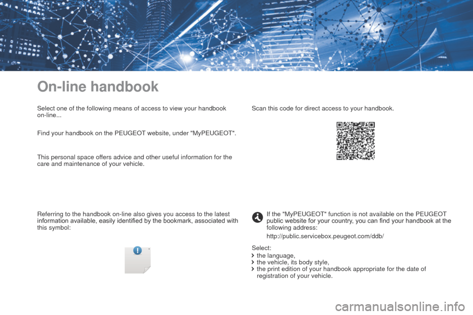 Peugeot Expert VU 2016 Owners Manual Expert_en_Chap00_couv-imprimeur_ed01-2016
On-line handbook
Select one of the following means of access to view your handbook
on-line...
Referring to the handbook on-line also gives you access to the Peugeot Expert VU 2016 Owners Manual Expert_en_Chap00_couv-imprimeur_ed01-2016
On-line handbook
Select one of the following means of access to view your handbook
on-line...
Referring to the handbook on-line also gives you access to the