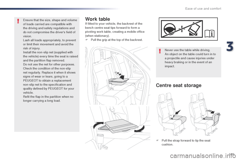 Peugeot Expert VU 2016 Owners Manual 109
Expert_en_Chap03_ergonomie-et-confort_ed01-2016
Work tableIf fitted to your vehicle, the backrest of the
bench centre seat tips for ward to form a
pivoting work table, creating a mobile office
Peugeot Expert VU 2016 Owners Manual 109
Expert_en_Chap03_ergonomie-et-confort_ed01-2016
Work tableIf fitted to your vehicle, the backrest of the
bench centre seat tips for ward to form a
pivoting work table, creating a mobile office