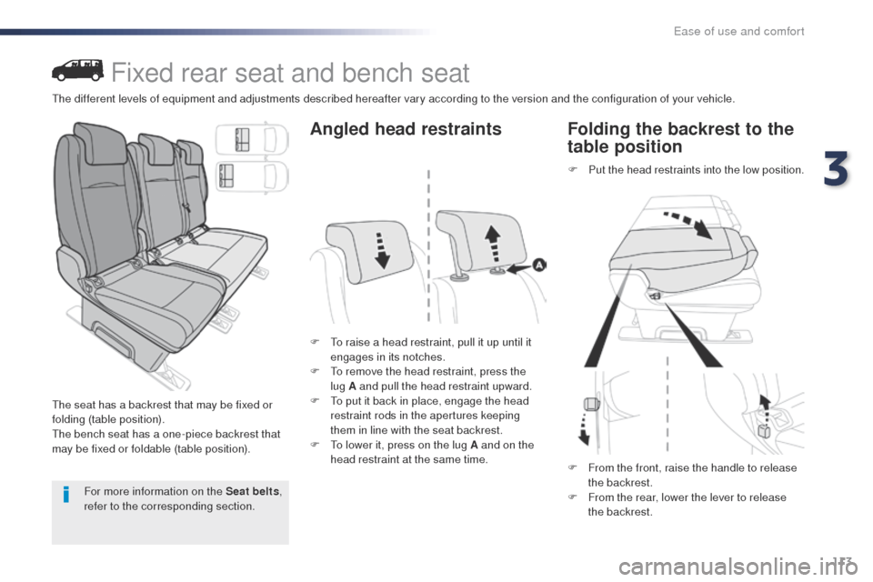 Peugeot Expert VU 2016  Owners Manual 113
Expert_en_Chap03_ergonomie-et-confort_ed01-2016
Fixed rear seat and bench seat
the seat has a backrest that may be fixed or 
folding (table position).
th
e bench seat has a one-piece backrest that