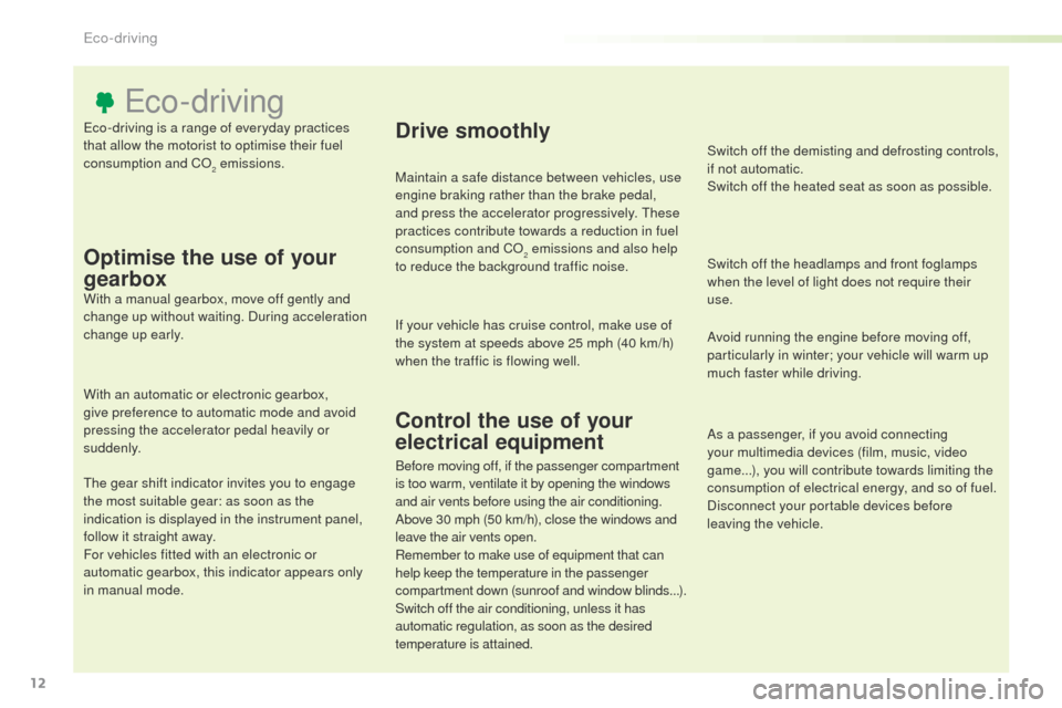Peugeot Expert VU 2016 User Guide 12
Expert_en_Chap00c_eco-conduite_ed01-2016
Eco-driving is a range of everyday practices 
that allow the motorist to optimise their fuel 
consumption and Co
2 emissions.
Eco-driving
Optimise the use o