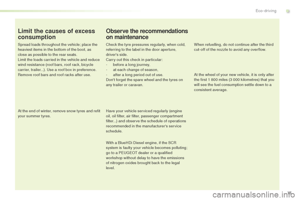 Peugeot Expert VU 2016 User Guide 13
Expert_en_Chap00c_eco-conduite_ed01-2016
Limit the causes of excess 
consumption
Spread loads throughout the vehicle; place the 
heaviest items in the bottom of the boot, as 
close as possible to t