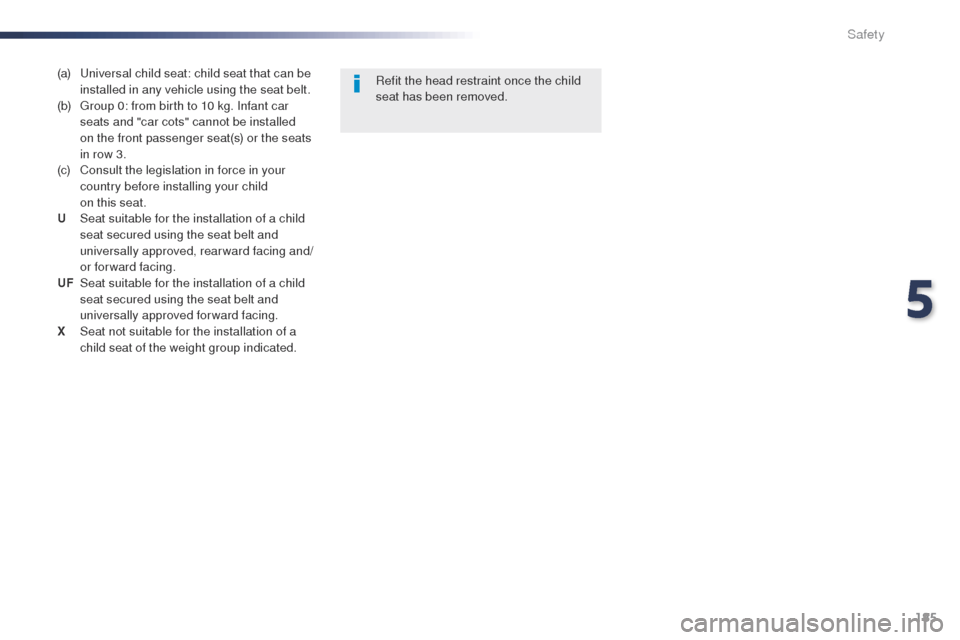 Peugeot Expert VU 2016  Owners Manual 185
Expert_en_Chap05_securite_ed01-2016
(a)  universal child seat: child seat that can be installed in any vehicle using the seat belt.
(b)
  g
r
 oup 0: from birth to 10 kg. Infant car 
seats and "ca