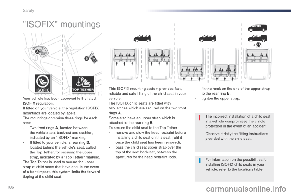 Peugeot Expert VU 2016  Owners Manual 186
Expert_en_Chap05_securite_ed01-2016
"ISoFIX" mountings
the incorrect installation of a child seat 
in a vehicle compromises the childs 
protection in the event of an accident.
For information on 