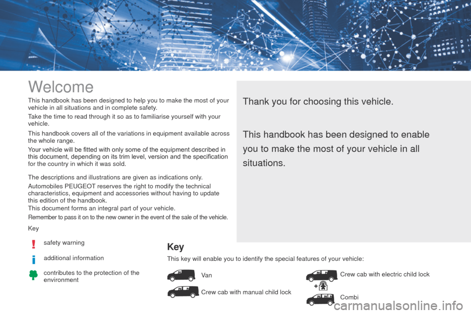 Peugeot Expert VU 2016 Owners Manual Welcome
thank you for choosing this vehicle.this handbook has been designed to help you to make the most of your
vehicle in all situations and in complete safety .
take the time to read through it so Peugeot Expert VU 2016 Owners Manual Welcome
thank you for choosing this vehicle.this handbook has been designed to help you to make the most of your
vehicle in all situations and in complete safety .
take the time to read through it so