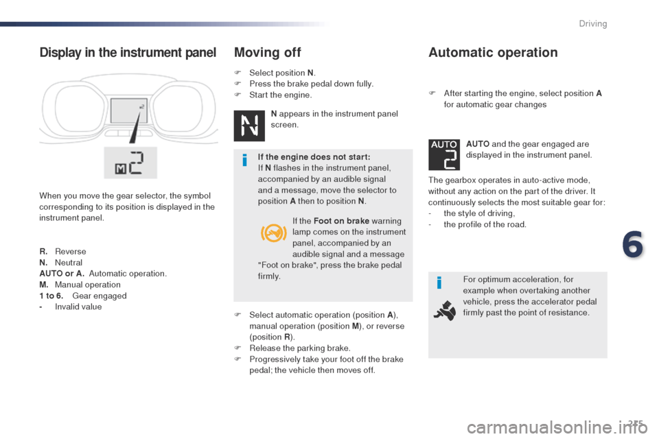 Peugeot Expert VU 2016 Owners Manual 215
Expert_en_Chap06_conduite_ed01-2016
Automatic operation
F After starting the engine, select position A for automatic gear changes
th
e gearbox operates in auto-active mode,
without any action on Peugeot Expert VU 2016 Owners Manual 215
Expert_en_Chap06_conduite_ed01-2016
Automatic operation
F After starting the engine, select position A for automatic gear changes
th
e gearbox operates in auto-active mode,
without any action on