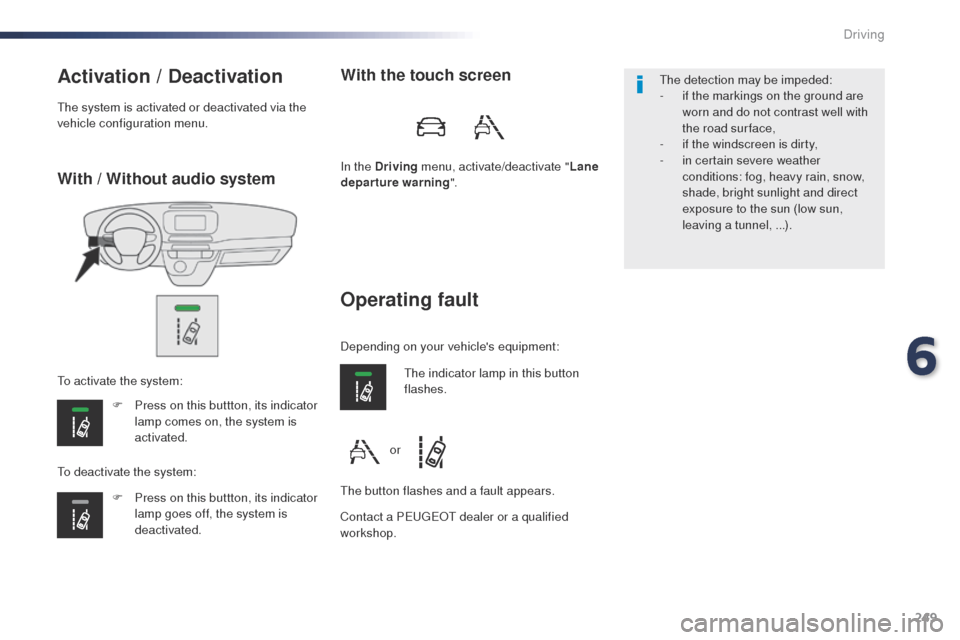 Peugeot Expert VU 2016 Owners Manual 249
Expert_en_Chap06_conduite_ed01-2016
With / Without audio system
Activation / Deactivation
F Press on this buttton, its indicator lamp comes on, the system is
activated.
F
P
ress on this buttto Peugeot Expert VU 2016 Owners Manual 249
Expert_en_Chap06_conduite_ed01-2016
With / Without audio system
Activation / Deactivation
F Press on this buttton, its indicator lamp comes on, the system is
activated.
F
P
ress on this buttto