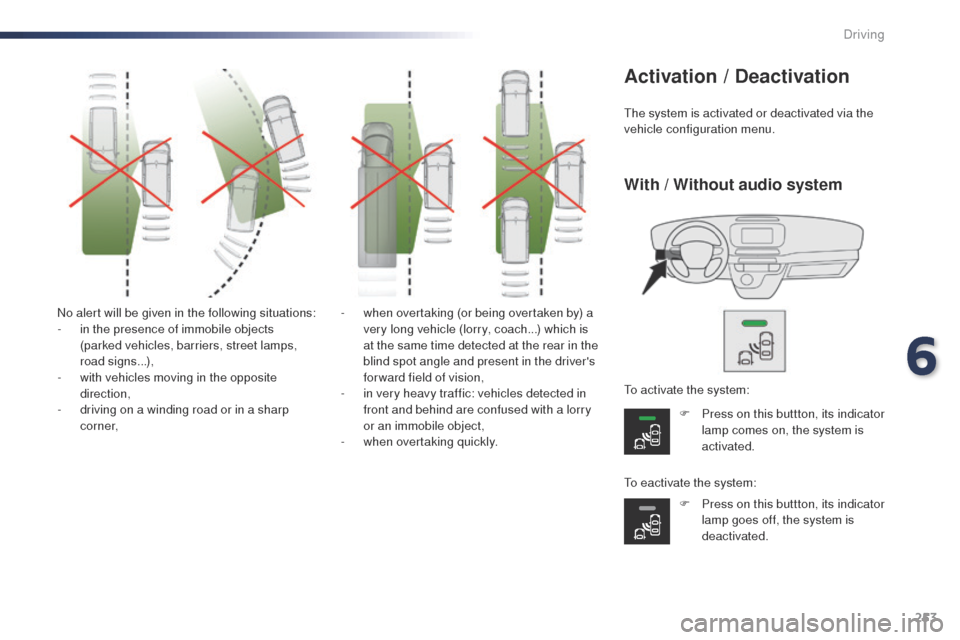 Peugeot Expert VU 2016 Owners Manual 253
Expert_en_Chap06_conduite_ed01-2016
No alert will be given in the following situations:
- i n the presence of immobile objects
(parked vehicles, barriers, street lamps,
road signs...),
-
w
it Peugeot Expert VU 2016 Owners Manual 253
Expert_en_Chap06_conduite_ed01-2016
No alert will be given in the following situations:
- i n the presence of immobile objects
(parked vehicles, barriers, street lamps,
road signs...),
-
w
it