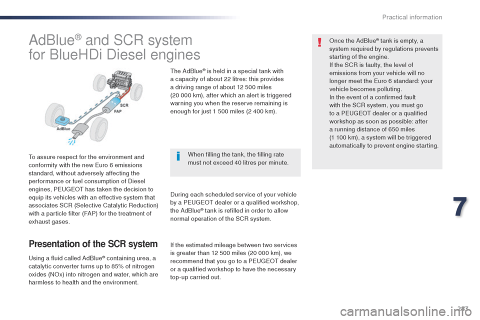 Peugeot Expert VU 2016 Owners Guide 283
Expert_en_Chap07_info-pratiques_ed01-2016
AdBlue® and SCR system
for BlueHDi Diesel engines
to assure respect for the environment and 
conformity with the new Euro 6 emissions 
standard, without 