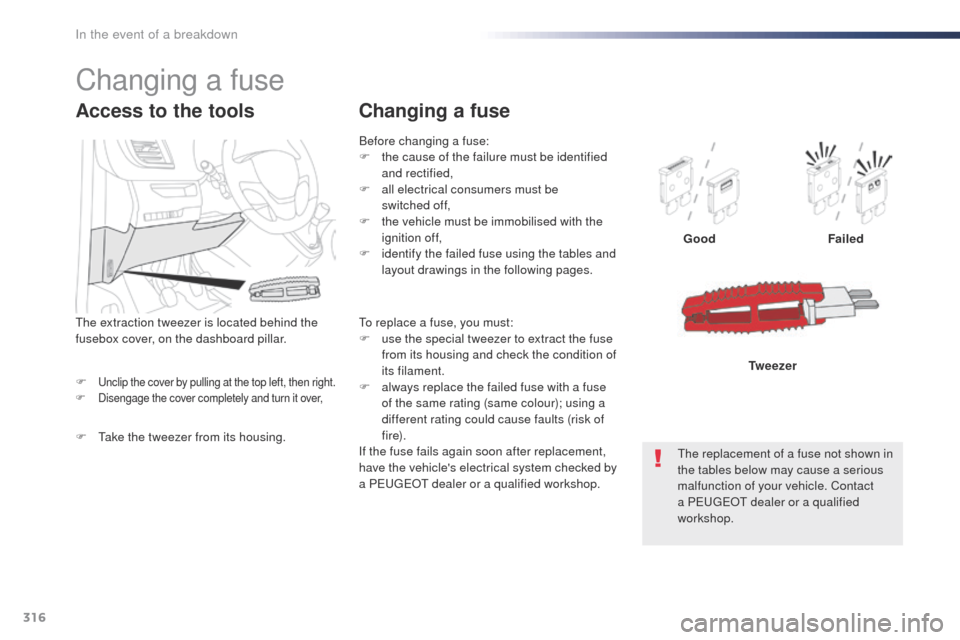Peugeot Expert VU 2016  Owners Manual 316
Expert_en_Chap08_En-cas-de-panne_ed01-2016
F unclip the cover by pulling at the top left, then right.
F D isengage the cover completely and turn it over,
Good Failed
Tw e e z e r
Access to the too