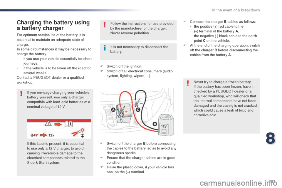 Peugeot Expert VU 2016 Owners Guide 323
Expert_en_Chap08_En-cas-de-panne_ed01-2016
For optimum service life of the battery, it is 
essential to maintain an adequate state of 
charge.
In some circumstances it may be necessary to 
charge 