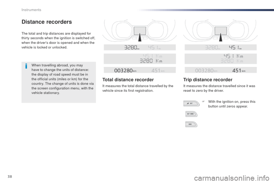 Peugeot Expert VU 2016 Owners Guide 38
Distance recorders
the total and trip distances are displayed for 
thirty seconds when the ignition is switched off, 
when the drivers door is opened and when the 
vehicle is locked or unlocked.Wh