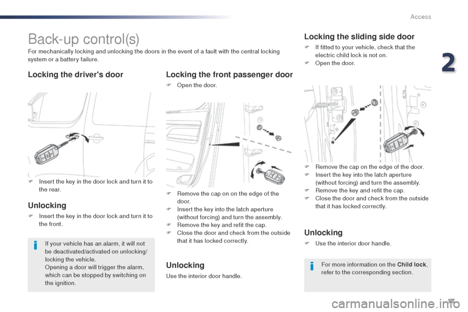 Peugeot Expert VU 2016  Owners Manual 53
Expert_en_Chap02_ouvertures_ed01-2016
B a c k- u p  c o nt r o l (s)
Locking the drivers doorLocking the front passenger door
F  open the door.
For mechanically locking and unlocking the doors in 