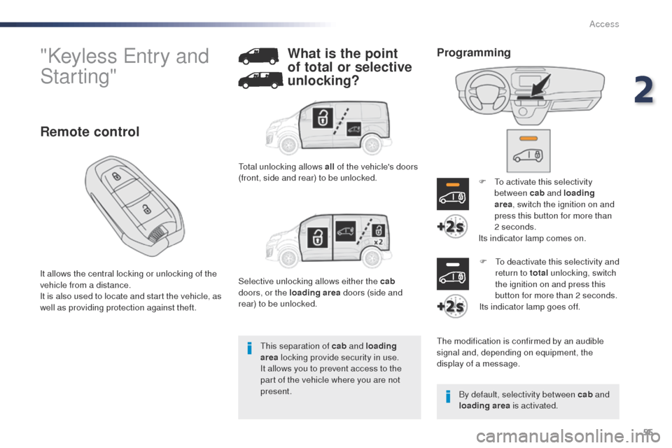 Peugeot Expert VU 2016 Workshop Manual 55
Expert_en_Chap02_ouvertures_ed01-2016
"Keyless Entry and 
Starting"
It allows the central locking or unlocking of the 
vehicle from a distance.
It is also used to locate and start the vehicle, as 
