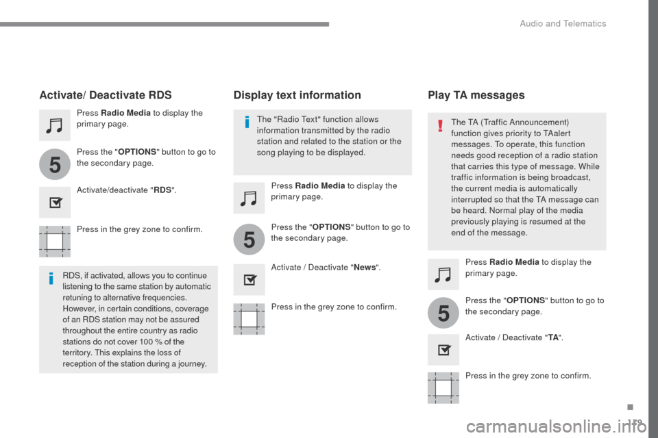 Peugeot Expert VU 2016  Owners Manual 119
5
5
5
Transversal-Peugeot_en_Chap02_RCC-2-2-0_ed01-2016
Press in the grey zone to confirm.Press in the grey zone to confirm.Press in the grey zone to confirm.
Press Radio Media
 to display the 
pr