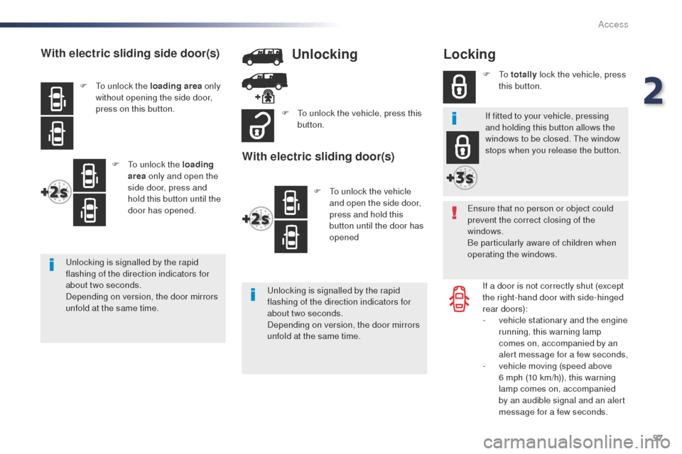 Peugeot Expert VU 2016  Owners Manual 57
Expert_en_Chap02_ouvertures_ed01-2016
Locking
Ensure that no person or object could 
prevent the correct closing of the 
windows.
Be particularly aware of children when 
operating the windows.If a 