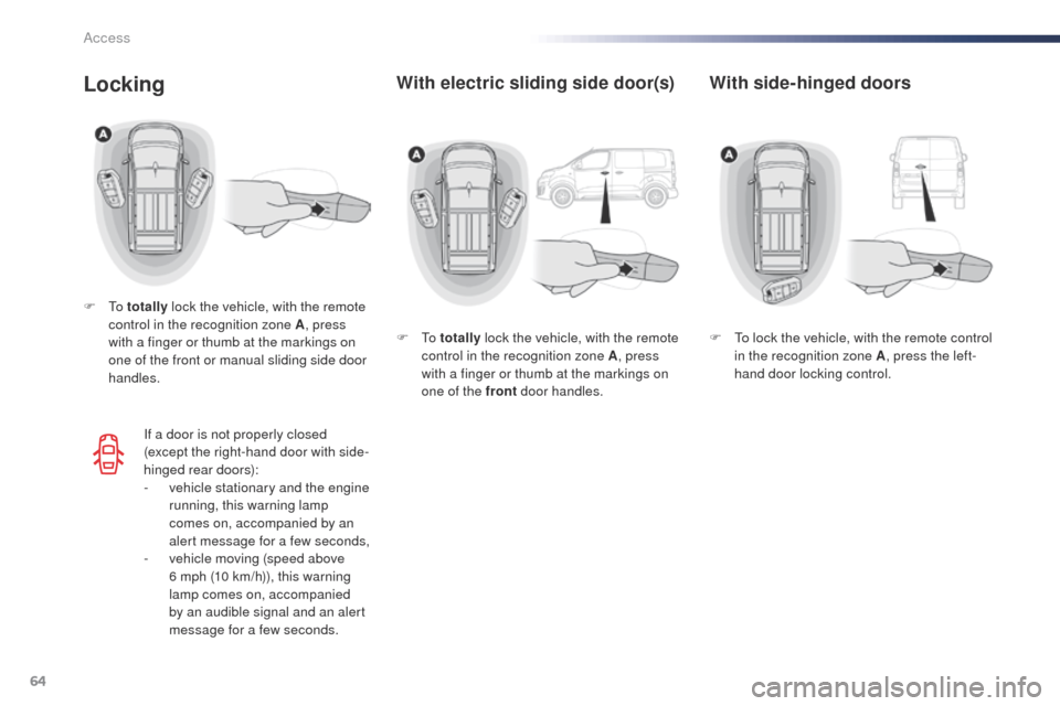 Peugeot Expert VU 2016 Repair Manual 64
Expert_en_Chap02_ouvertures_ed01-2016
With electric sliding side door(s)Locking
F to totally lock the vehicle, with the remote 
control in the recognition zone A , press 
with a finger or thumb at 