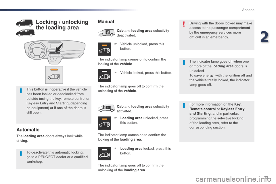 Peugeot Expert VU 2016 Manual PDF 73
Expert_en_Chap02_ouvertures_ed01-2016
F Vehicle unlocked, press this button.
F
 
L
 oading area  locked, press this 
button. For more information on the Key, 
Remote control
 or Keyless Entr y 
and