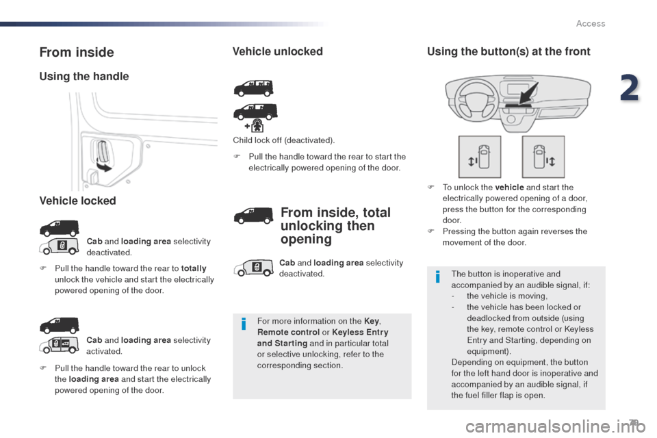 Peugeot Expert VU 2016 Manual Online 79
Expert_en_Chap02_ouvertures_ed01-2016
F Pull the handle toward the rear to unlock the loading area  and start the electrically 
powered opening of the door. F
 
P
 ull the handle toward the rear to
