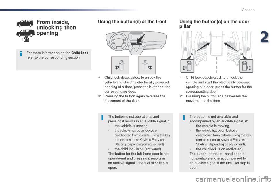 Peugeot Expert VU 2016 Manual Online 81
Expert_en_Chap02_ouvertures_ed01-2016
F Child lock deactivated, to unlock the vehicle and start the electrically powered 
opening of a door, press the button for the 
corresponding door.
F
 
P
 res