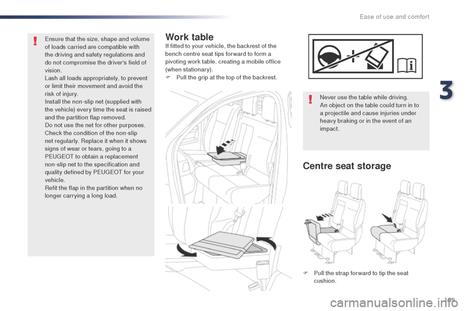 Peugeot Expert VU 2016  Owners Manual - RHD (UK, Australia) 109
Work tableIf fitted to your vehicle, the backrest of the 
bench centre seat tips for ward to form a 
pivoting work table, creating a mobile office 
(when stationary).
F 
P
 ull the grip at the top
