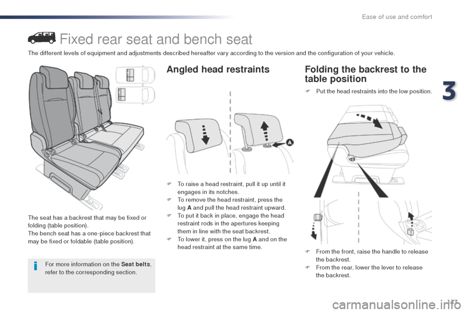 Peugeot Expert VU 2016   - RHD (UK, Australia) Service Manual 113
Fixed rear seat and bench seat
the seat has a backrest that may be fixed or 
folding (table position).
th
e bench seat has a one-piece backrest that 
may be fixed or foldable (table position). F
 