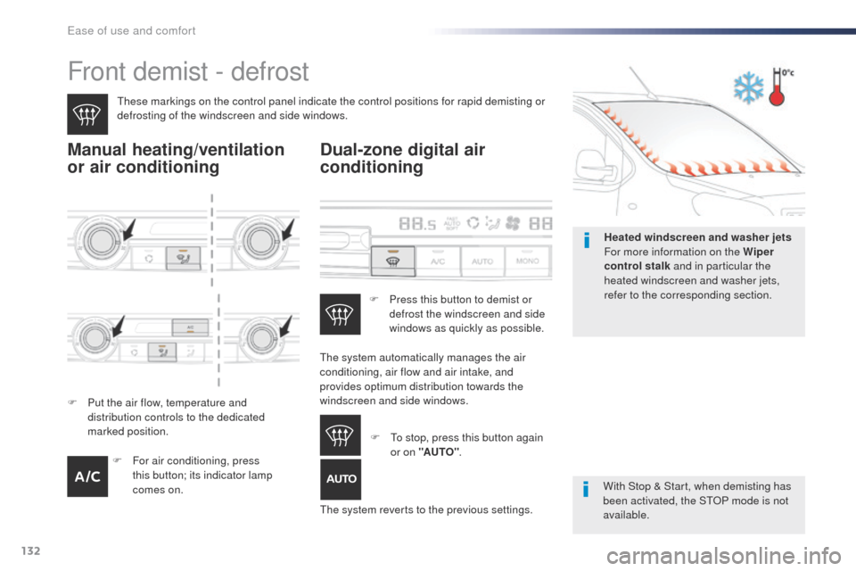 Peugeot Expert VU 2016  Owners Manual - RHD (UK, Australia) 132
Front demist - defrost
these markings on the control panel indicate the control positions for rapid demisting or 
defrosting of the windscreen and side windows.
Manual heating/ventilation 
or air 