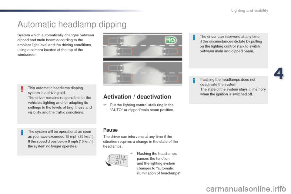 Peugeot Expert VU 2016 Owners Manual - RHD (UK, Australia) 153
Automatic headlamp dipping
System which automatically changes between
dipped and main beam according to the
ambient light level and the driving conditions,
using a camera located at the top of Peugeot Expert VU 2016 Owners Manual - RHD (UK, Australia) 153
Automatic headlamp dipping
System which automatically changes between
dipped and main beam according to the
ambient light level and the driving conditions,
using a camera located at the top of