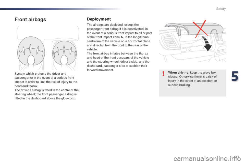 Peugeot Expert VU 2016 Owners Manual - RHD (UK, Australia) 171
Front airbagsDeployment
the airbags are deployed, except the
passenger front airbag if it is deactivated, in
the event of a serious front impact to all or part
of the front impact zone A, in th Peugeot Expert VU 2016 Owners Manual - RHD (UK, Australia) 171
Front airbagsDeployment
the airbags are deployed, except the
passenger front airbag if it is deactivated, in
the event of a serious front impact to all or part
of the front impact zone A, in th
