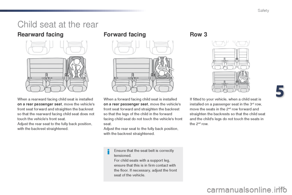 Peugeot Expert VU 2016 Owners Manual - RHD (UK, Australia) 175
Child seat at the rear
Rearward facing
When a rear ward facing child seat is installed
on a rear passenger seat, move the vehicles
front seat for ward and straighten the backrest
so that the r Peugeot Expert VU 2016 Owners Manual - RHD (UK, Australia) 175
Child seat at the rear
Rearward facing
When a rear ward facing child seat is installed
on a rear passenger seat, move the vehicles
front seat for ward and straighten the backrest
so that the r