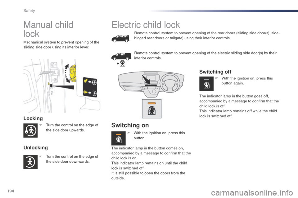 Peugeot Expert VU 2016 Owners Manual - RHD (UK, Australia) 194
Manual child
lock
Locking
Unlocking
Mechanical system to prevent opening of the
sliding side door using its interior lever.
electric child lock
Remote control system to prevent opening of the r Peugeot Expert VU 2016 Owners Manual - RHD (UK, Australia) 194
Manual child
lock
Locking
Unlocking
Mechanical system to prevent opening of the
sliding side door using its interior lever.
electric child lock
Remote control system to prevent opening of the r