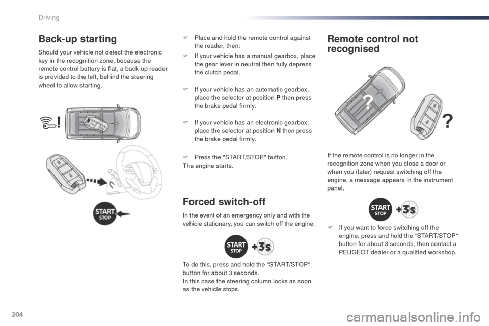 Peugeot Expert VU 2016 Owners Manual - RHD (UK, Australia) 204
Back-up starting
Should your vehicle not detect the electronic
key in the recognition zone, because the
remote control battery is flat, a back-up reader
is provided to the left, behind the stee Peugeot Expert VU 2016 Owners Manual - RHD (UK, Australia) 204
Back-up starting
Should your vehicle not detect the electronic
key in the recognition zone, because the
remote control battery is flat, a back-up reader
is provided to the left, behind the stee