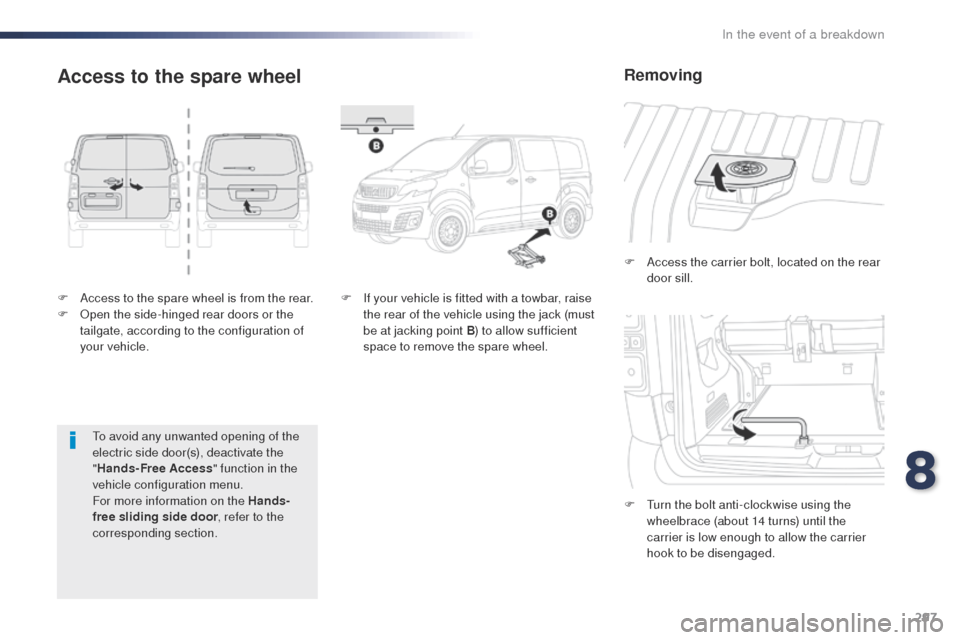 Peugeot Expert VU 2016 Owners Manual - RHD (UK, Australia) 297
F Access to the spare wheel is from the rear.
F op en the side-hinged rear doors or the
tailgate, according to the configuration of
your vehicle. F
A
ccess the carrier bolt, located on the r Peugeot Expert VU 2016 Owners Manual - RHD (UK, Australia) 297
F Access to the spare wheel is from the rear.
F op en the side-hinged rear doors or the
tailgate, according to the configuration of
your vehicle. F
A
ccess the carrier bolt, located on the r
