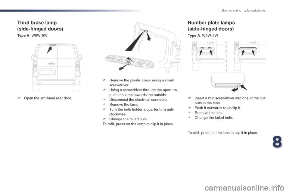 Peugeot Expert VU 2016  Owners Manual - RHD (UK, Australia) 311
Number plate lamps
(side-hinged doors)
Ty p e  A, W5W-5W
F
 
R

emove the plastic cover using a small 
screwdriver.
F
  u
s

ing a screwdriver through the aperture, 
push the lamp towards the outs