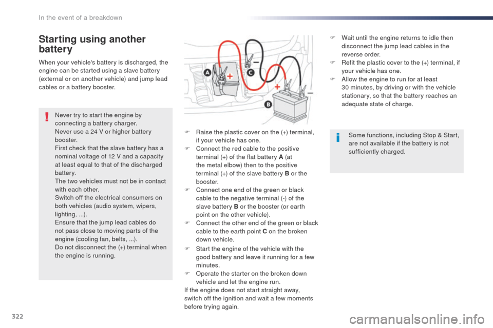 Peugeot Expert VU 2016  Owners Manual - RHD (UK, Australia) 322
Starting using another 
battery
Never try to start the engine by 
connecting a battery charger.
Never use a 24 V or higher battery 
b o o s t e r.
First check that the slave battery has a 
nominal