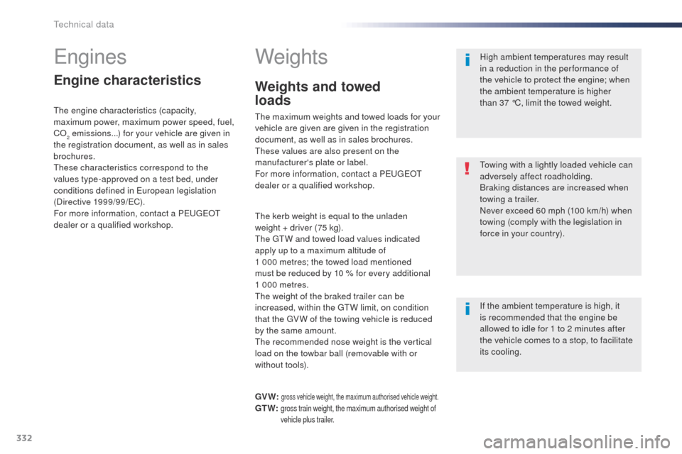 Peugeot Expert VU 2016  Owners Manual - RHD (UK, Australia) 332
engines
Engine characteristics
the engine characteristics (capacity, 
maximum power, maximum power speed, fuel, 
Co
2 emissions...) for your vehicle are given in 
t
he registration document, as we
