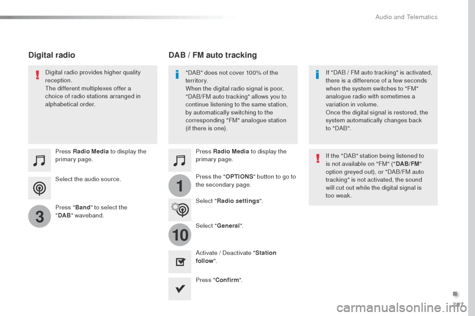 Peugeot Expert VU 2016 Owners Manual - RHD (UK, Australia) 397
1
10
3
Select the audio source. Press Radio Media to display the
primary page.
Press " Band" to select the
" DAB "
waveband. Press Radio Media
to display the
primary page.
Press the " OPTIO Peugeot Expert VU 2016 Owners Manual - RHD (UK, Australia) 397
1
10
3
Select the audio source. Press Radio Media to display the
primary page.
Press " Band" to select the
" DAB "
waveband. Press Radio Media
to display the
primary page.
Press the " OPTIO
