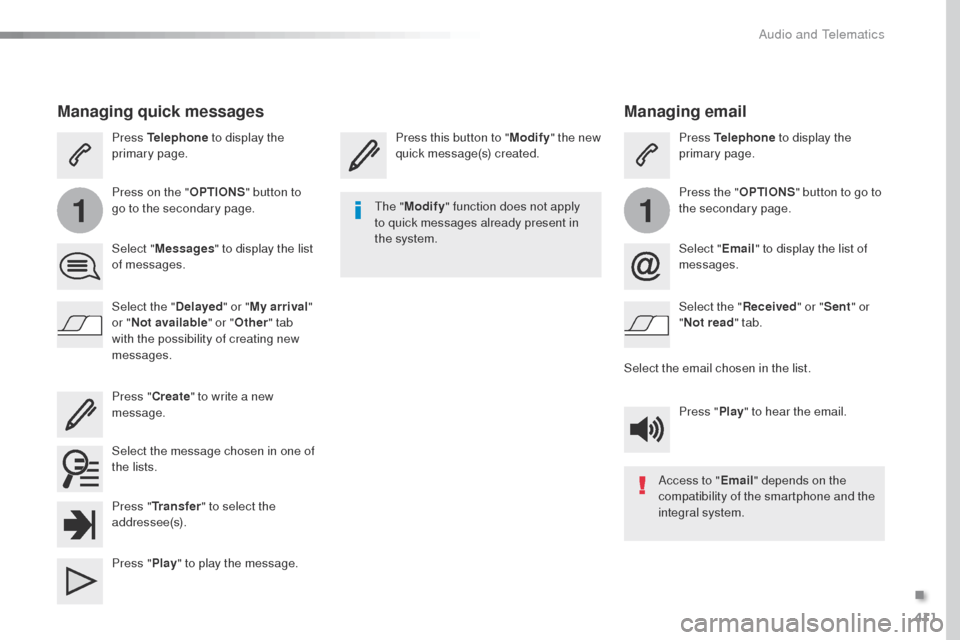Peugeot Expert VU 2016 Owners Manual - RHD (UK, Australia) 411
11
Managing email
Press this button to "Modify" the new
quick message(s) created. Press Telephone
to display the
primary page.
Press the " OPTIONS" button to go to
the secondary page.
Select " Peugeot Expert VU 2016 Owners Manual - RHD (UK, Australia) 411
11
Managing email
Press this button to "Modify" the new
quick message(s) created. Press Telephone
to display the
primary page.
Press the " OPTIONS" button to go to
the secondary page.
Select "