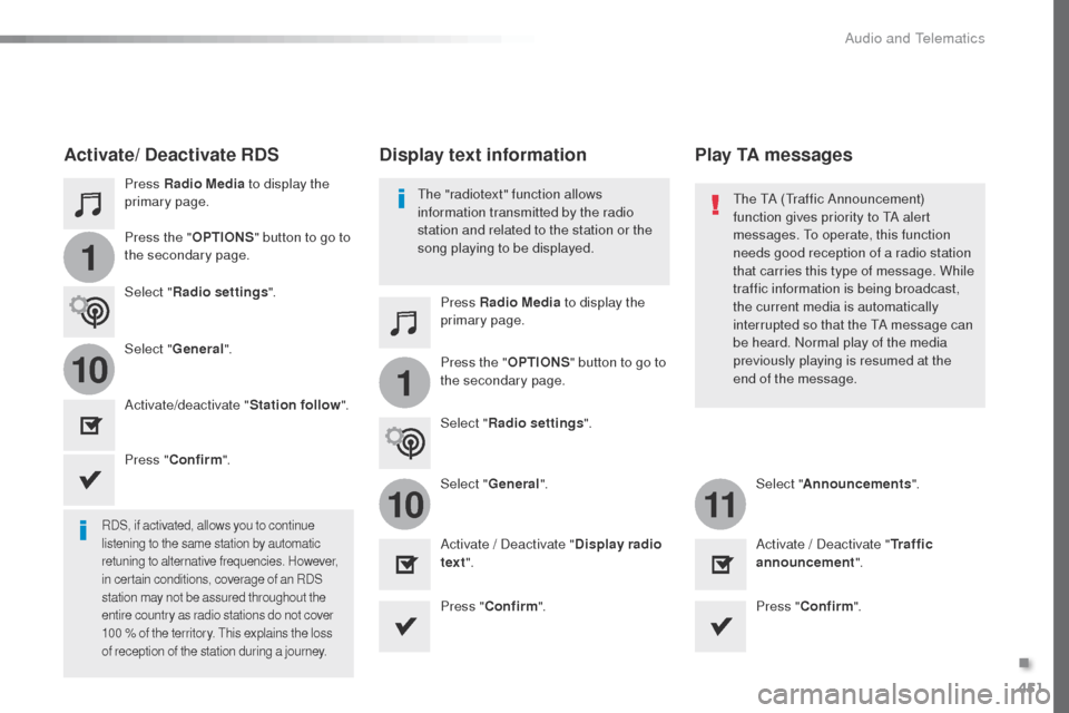 Peugeot Expert VU 2016  Owners Manual - RHD (UK, Australia) 451
1
110
1011
Press Radio Media to display the 
primary page.
Press Radio Media to display the 
primary page.
Press the "
OPTIONS" button to go to 
the secondary page.
Press the "OPTIONS" button to g