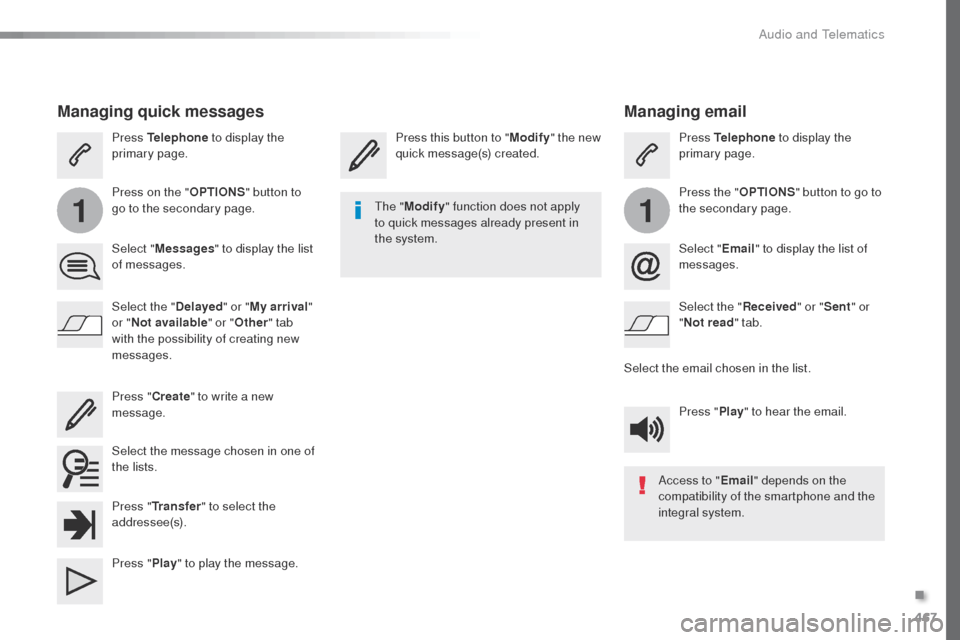 Peugeot Expert VU 2016  Owners Manual - RHD (UK, Australia) 467
11
Managing email
Press this button to "Modify" the new 
quick message(s) created. Press Telephone
 to display the 
primary page.
Press the " OPTIONS" button to go to 
the secondary page.
Select "