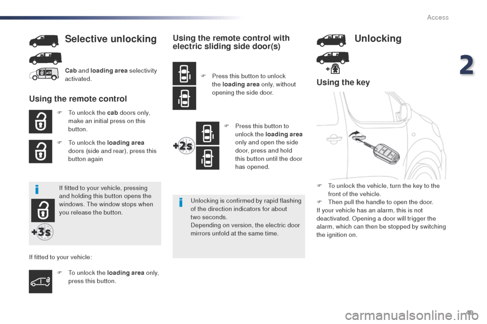 Peugeot Expert VU 2016 - RHD (UK, Australia) Workshop Manual 49
Using the key
F to unlock the cab doors only,
make an initial press on this
button.
F
t
o u
nlock the loading area
doors (side and rear), press this
button again
Selective unlocking
unlock Peugeot Expert VU 2016 - RHD (UK, Australia) Workshop Manual 49
Using the key
F to unlock the cab doors only,
make an initial press on this
button.
F
t
o u
nlock the loading area
doors (side and rear), press this
button again
Selective unlocking
unlock