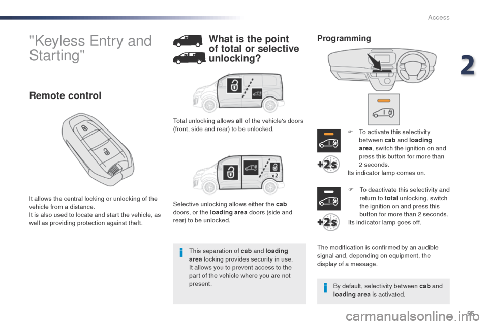 Peugeot Expert VU 2016 - RHD (UK, Australia) Workshop Manual 55
"Keyless entry and
Starting"
It allows the central locking or unlocking of the
vehicle from a distance.
It is also used to locate and start the vehicle, as
well as providing protection against t Peugeot Expert VU 2016 - RHD (UK, Australia) Workshop Manual 55
"Keyless entry and
Starting"
It allows the central locking or unlocking of the
vehicle from a distance.
It is also used to locate and start the vehicle, as
well as providing protection against t